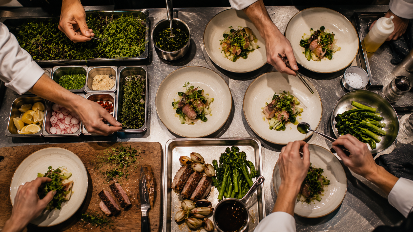 Προετοιμασία πιάτων στην κουζίνα της Epicurious Gastronomy